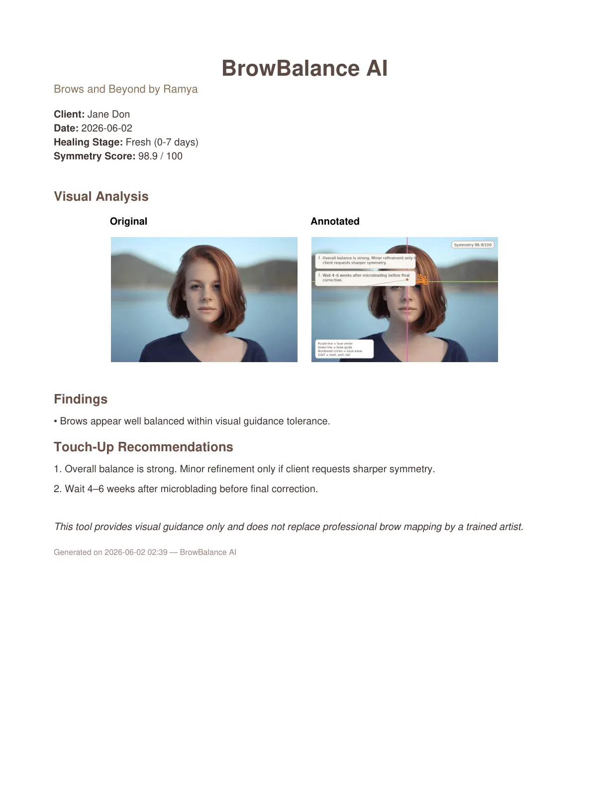 BrowBalance AI client report for Jane Don with 98.9 symmetry score and recommendations